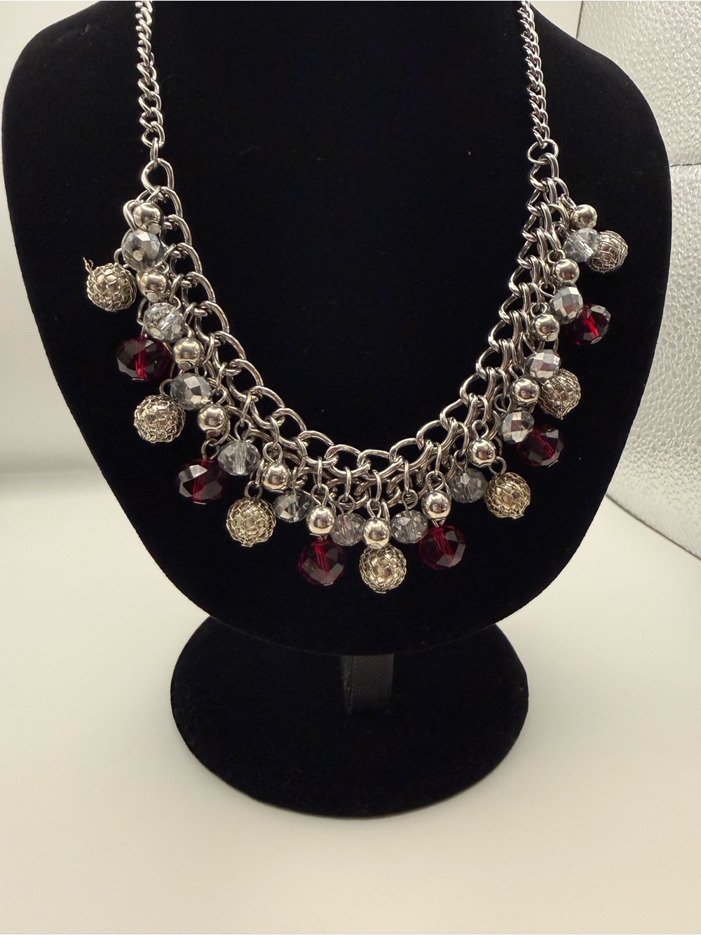 Silver tone Chain Statement Necklace with Burgundy and Crystal Beads
